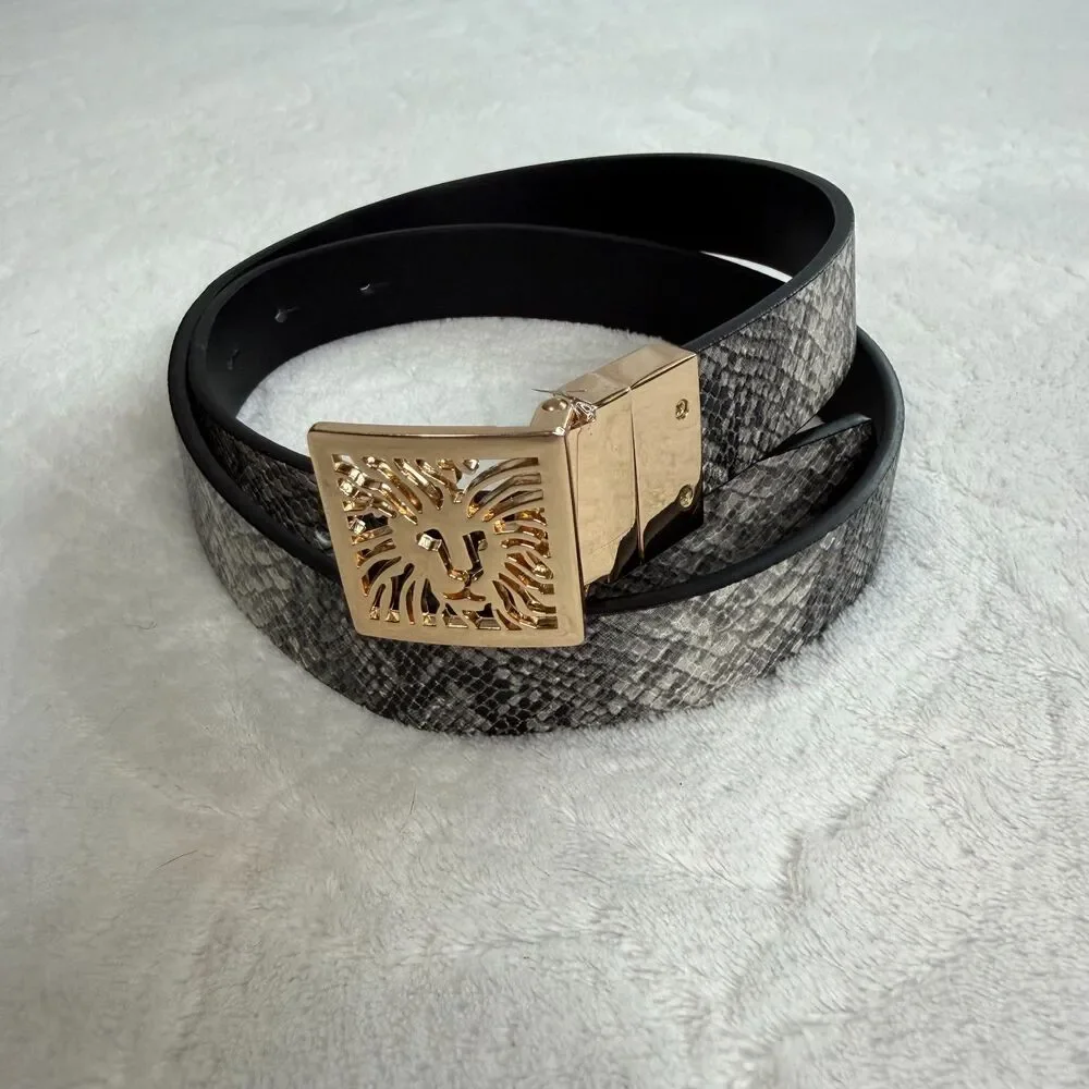 Vintage Anne Klein‎ Gold Lion Head Logo Buckle Reversible Snake Skin Belt 29-35